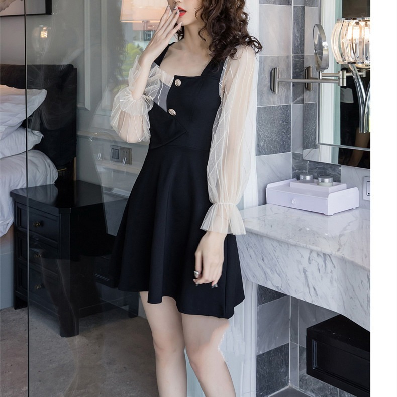 Spring French retro style A-line skirt, waist slimming, mesh splicing dress, Hepburn little black dress