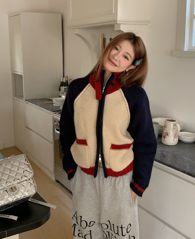 實拍！美式復古滑雪圖案撞色毛衣減齡顯瘦插肩袖開衫外套女