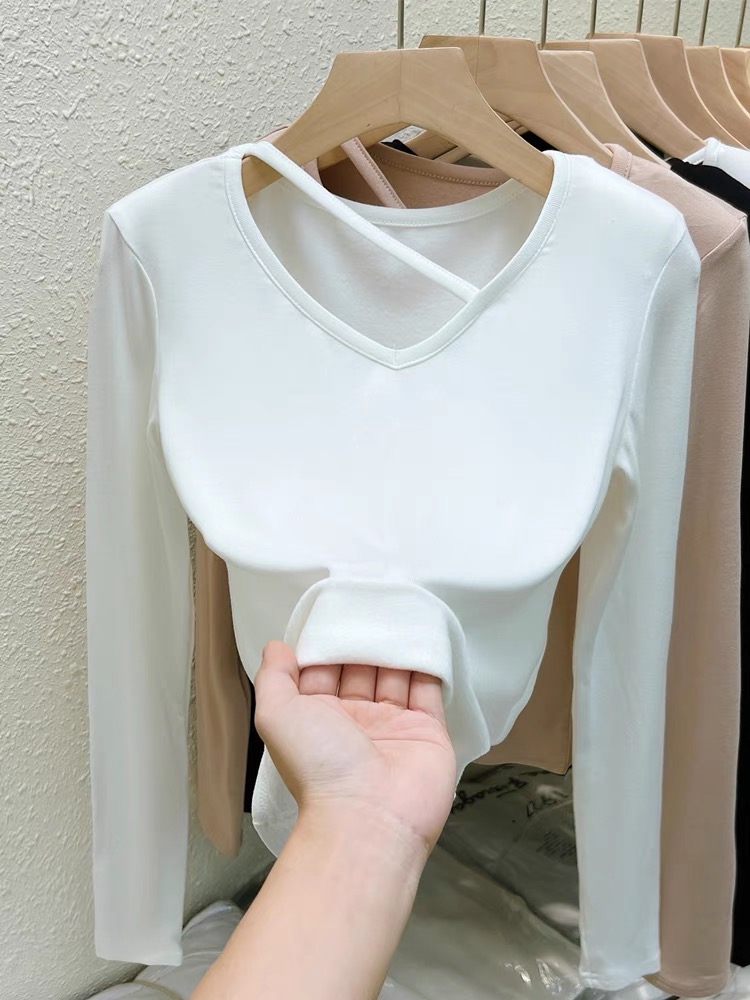 Spring and Autumn v-neck pure lust style long-sleeved T-shirt for women in autumn 2024 new solid color slim bottoming shirt with pure cotton top