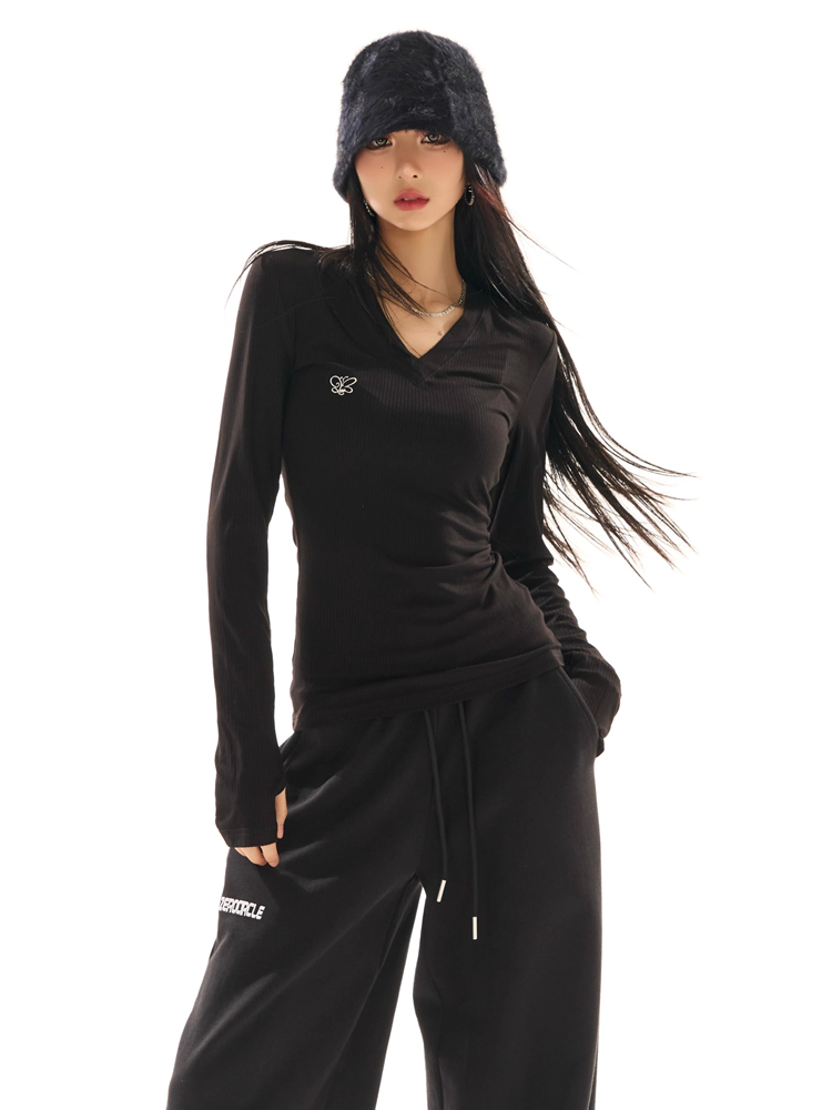 Wild zerocircle white black gray pink v-neck long-sleeved T-shirt women's spring slim tight hottie bottoming top