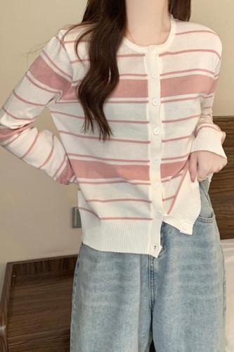 Real shot of early autumn new Korean style chic stripe 6 wool knitted long-sleeved cardigan jacket top