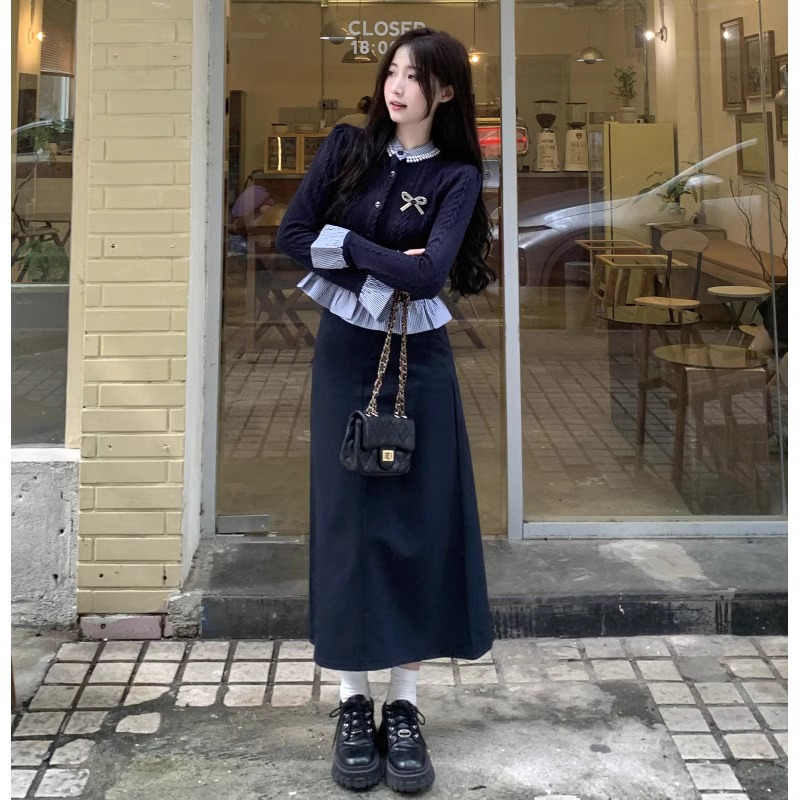 學院風套裝假兩件拼接毛衣針織衫女秋冬季高腰半身裙長裙子兩件套