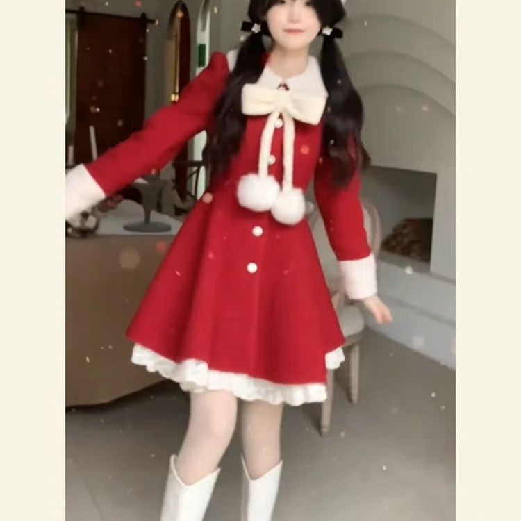 原版做法高級氛圍感紅色連衣裙子冬聖誕女裝過年新年