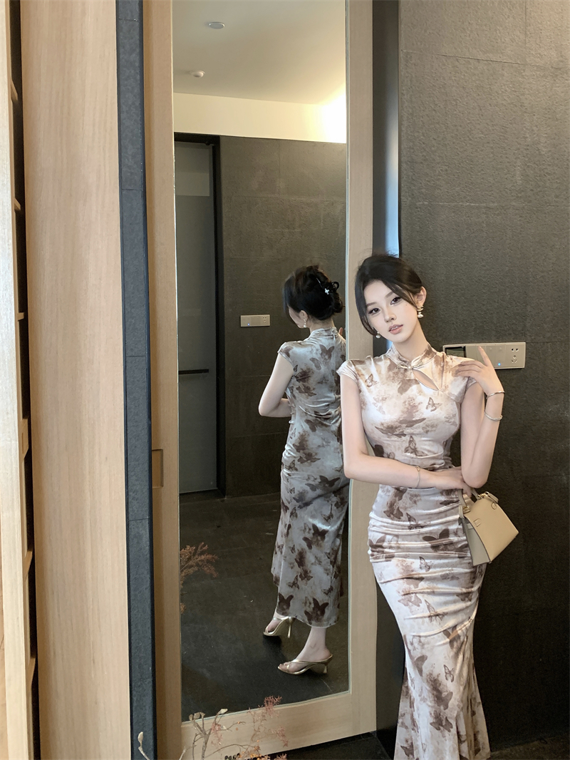 實拍~2024春時尚復古新中式溫柔氣質無袖旗袍風魚尾開衩長裙