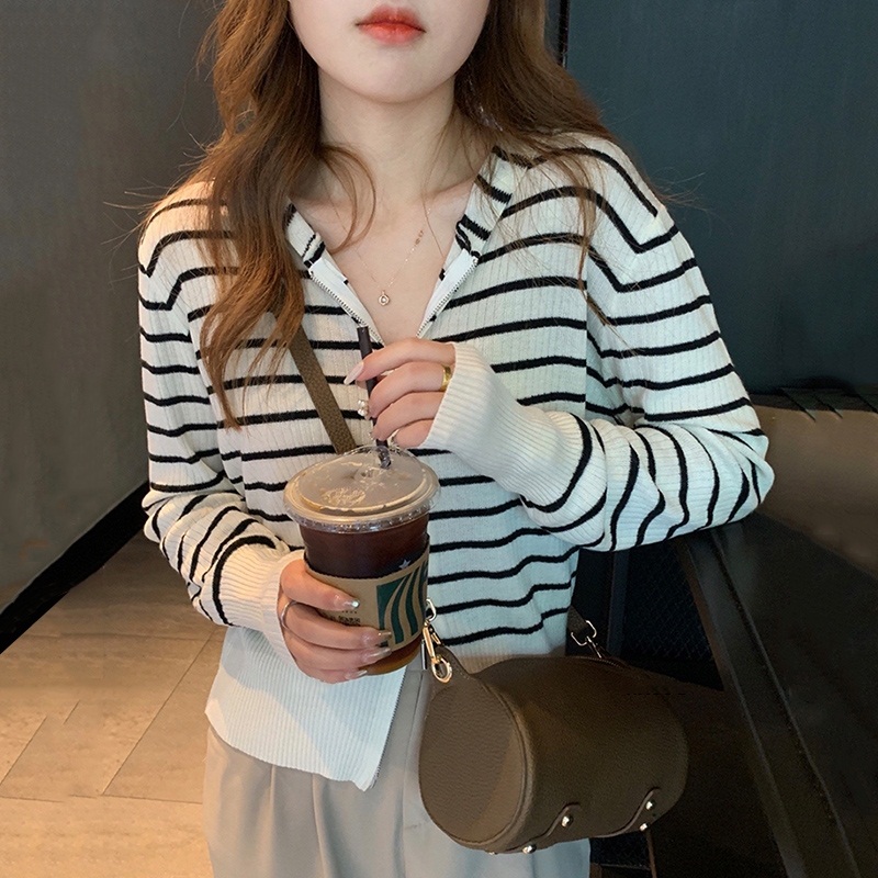 Striped knitted cardigan for women spring new style gentle sweater jacket design thin top