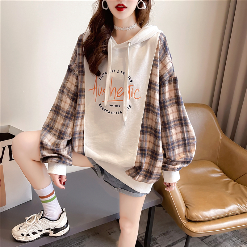 Original workmanship plus size women's clothing 2024 spring and autumn color matching sweatshirt women's hooded loose fat mm design coat