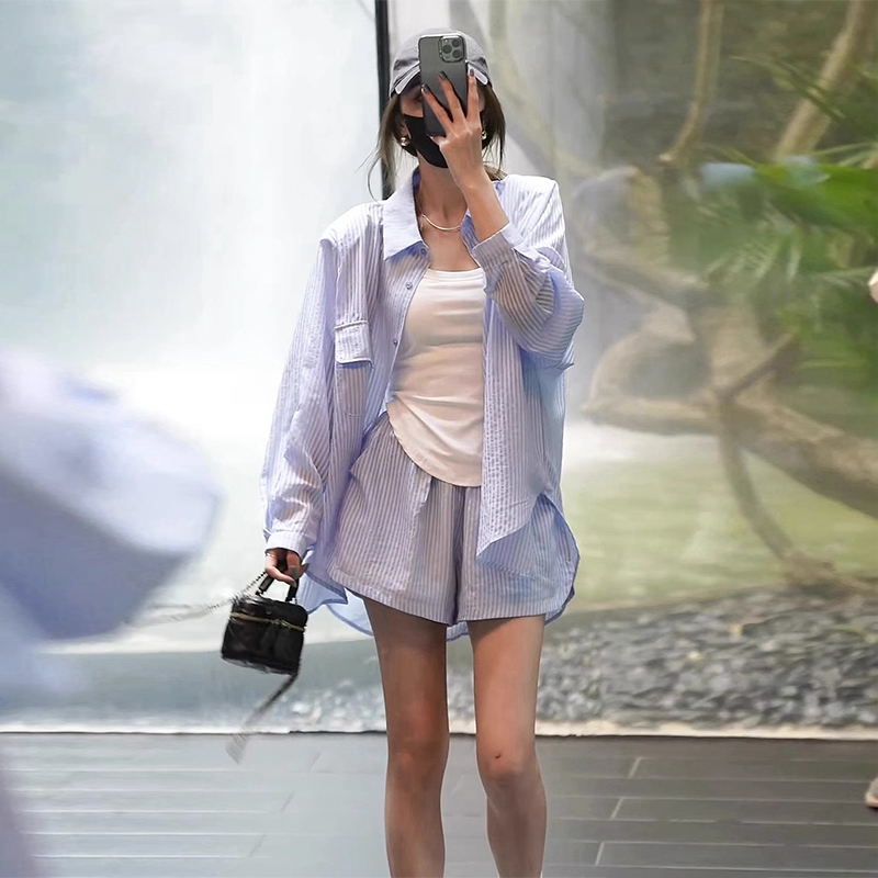 鹽系穿搭高級感短褲套裝女夏季洋氣御姐條紋防曬襯衫兩件套裝秋冬