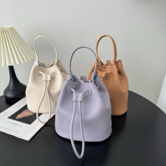 Real shot~Niche design drawstring portable bucket bag for women ins super hot soft leather texture versatile shoulder bag