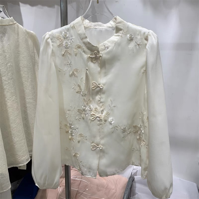 重工刺繡花朵新中式國風盤扣蝴蝶結雪紡衫女2024年早春新款襯衫潮