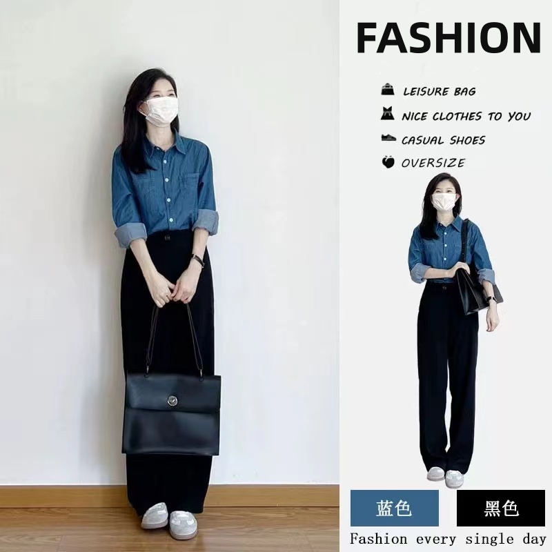 牛仔套裝女春季新款高級感復古港味ins休閒襯衫褲子兩件套潮