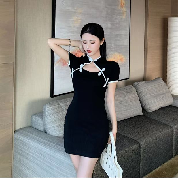 網紅直播衣服女主播服裝上鏡性感改良印花禮服旗袍收腰連衣短裙夏