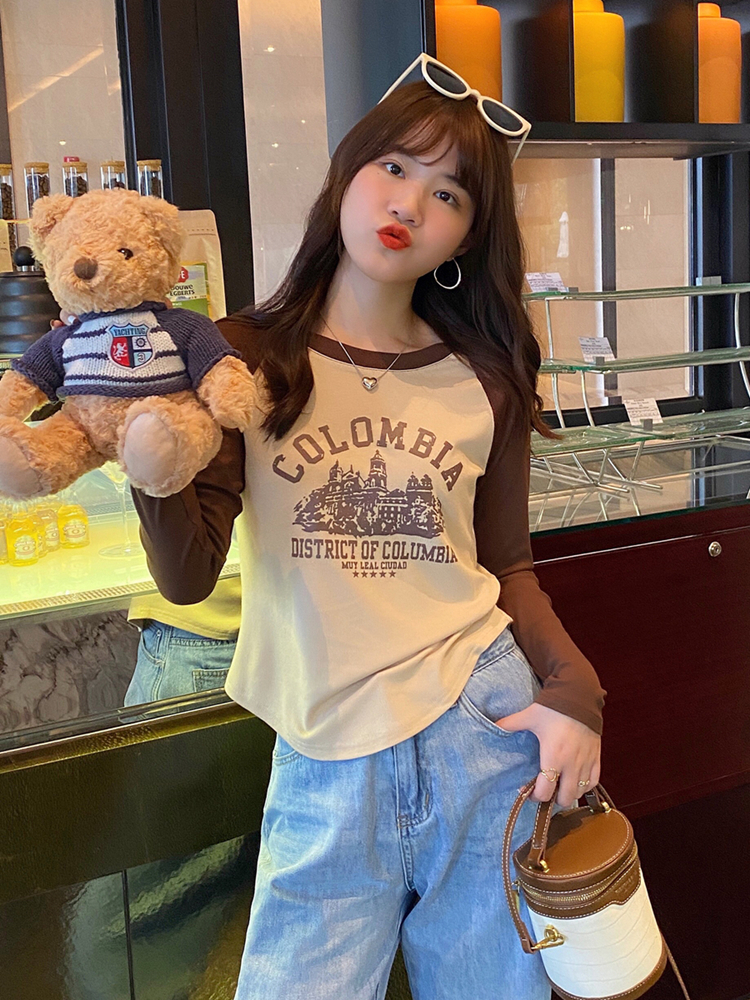 American retro t-shirt women's long-sleeved spring and autumn 2024 new design niche slim slim right shoulder top