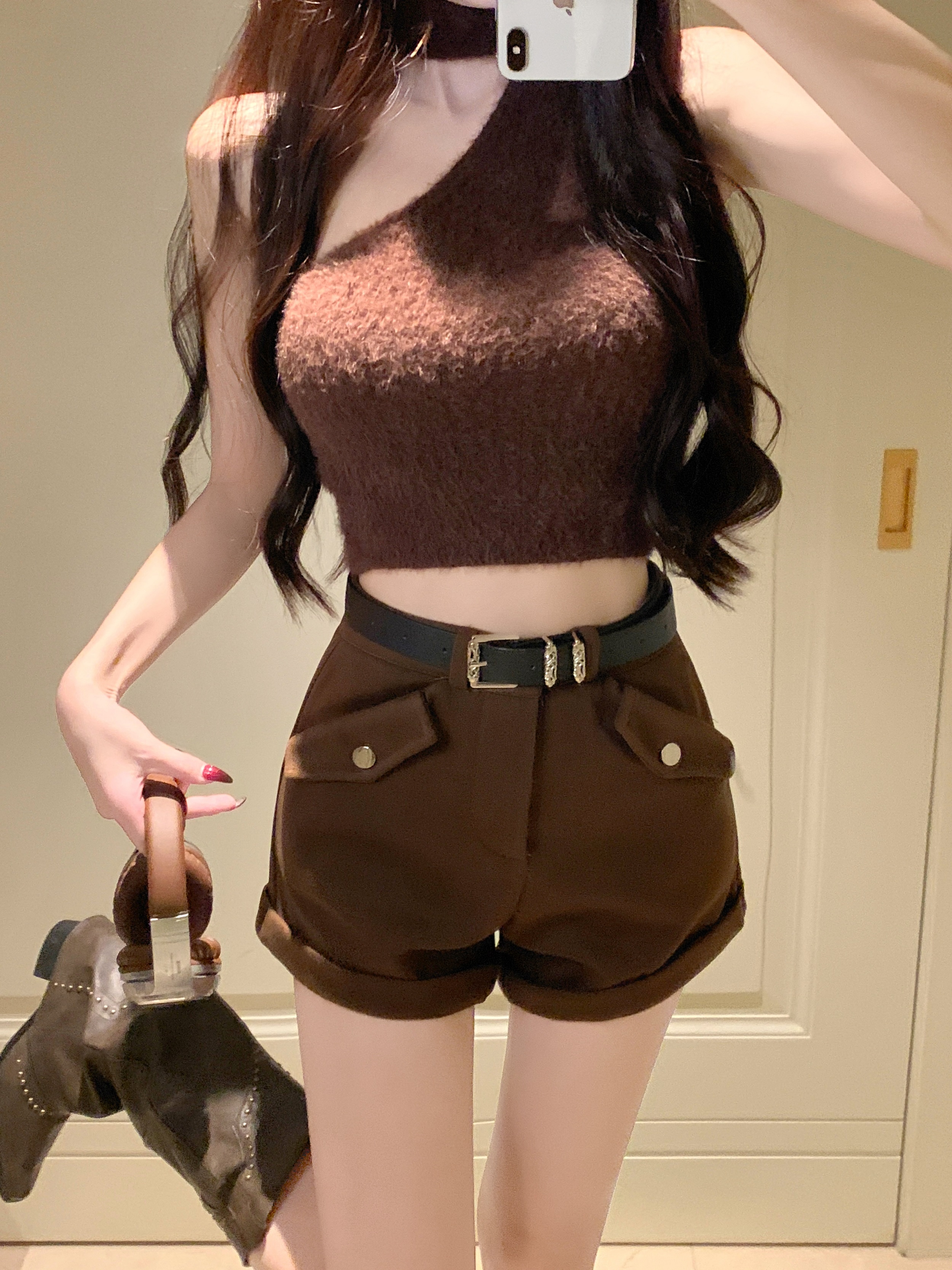 實拍~美式復古高腰工裝短褲女辣妹性感百搭顯瘦包臀a褲配皮帶