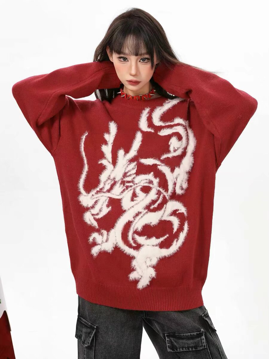 Festive Year of the Dragon Red Sweater Jacket Women's Autumn and Winter High-Quality Jacquard Knit Sweater Bestie Couple Outfit New Year's War Clothes