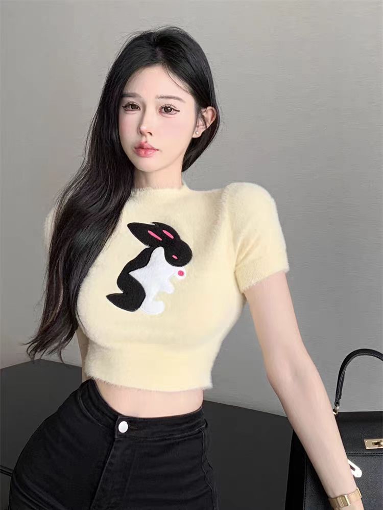 兔子短袖針織衫女春夏獨特别致設計感小眾純欲甜辣妹性感短款上衣