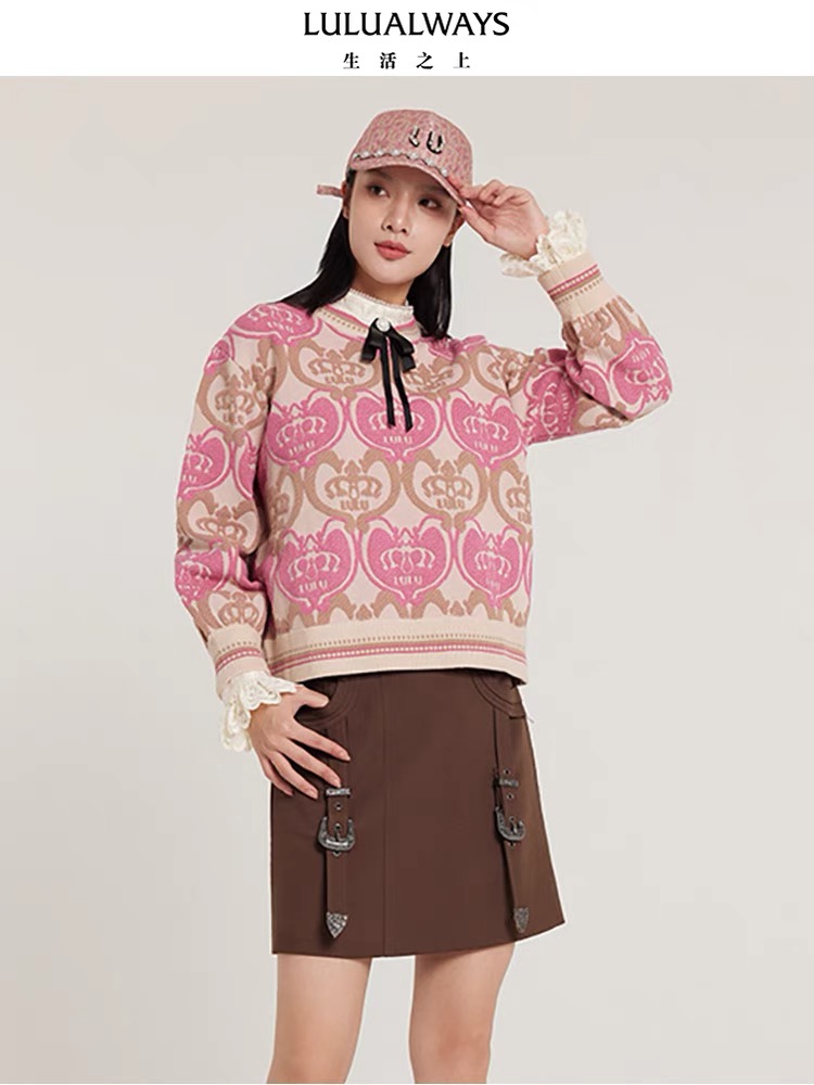 LULUALWAYS商場同款24春季新款甜美元氣少女風寬鬆粉色女毛衣