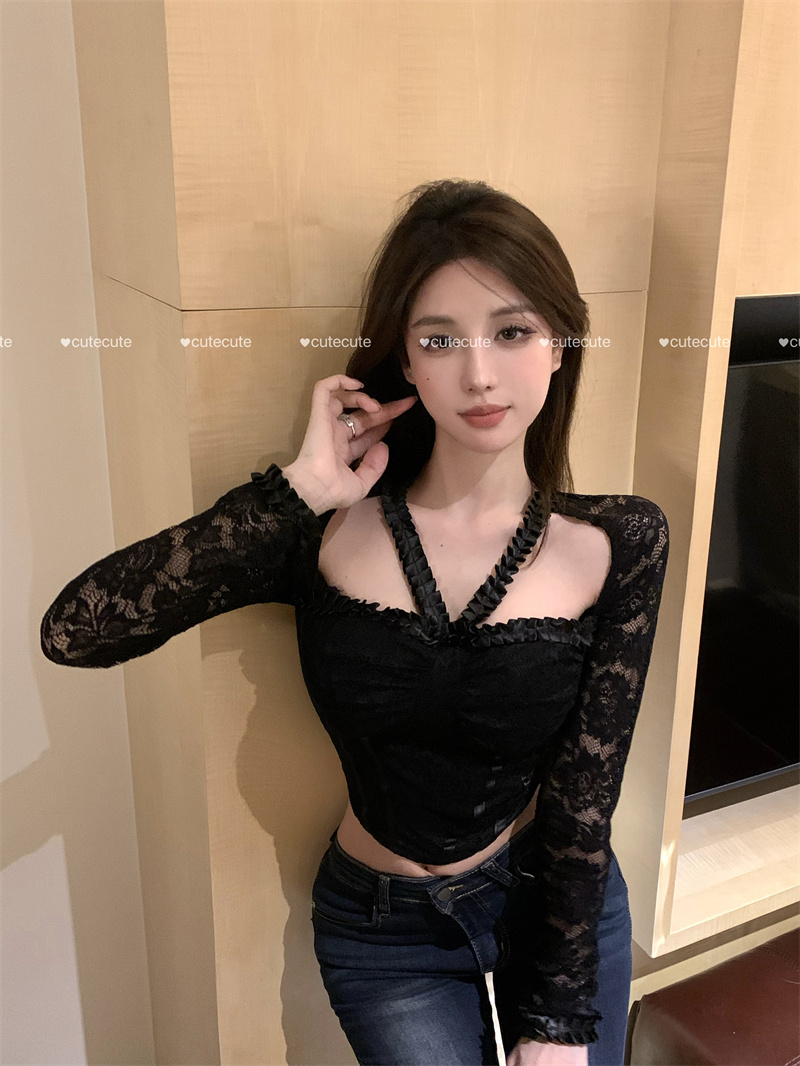 Real shot of temperament shoulder-cut hollow lace slim long-sleeved top