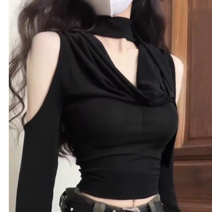 260克莫代爾1*1內層抓毛 設計感上衣女秋冬打底衫露肩V領鏤空
