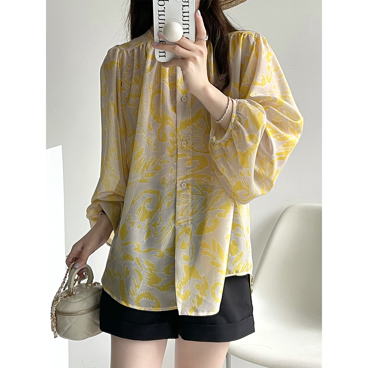 Real shot ~ 2024 spring French retro long-sleeved sun protection clothing pure lust shirt women's chiffon shirt thin top