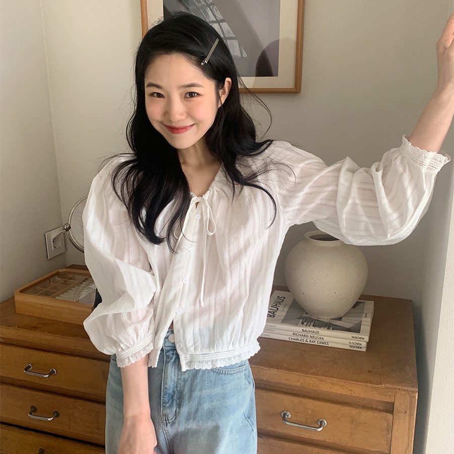 韓國chic復古甜美氣質圓領系帶蕾絲花邊泡泡袖白色襯衫上衣