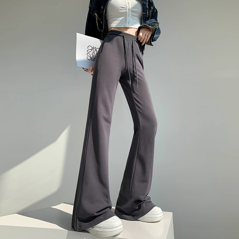 純棉複合美式灰色微喇叭褲女2024高腰運動休閒衛褲垂拖地馬蹄褲