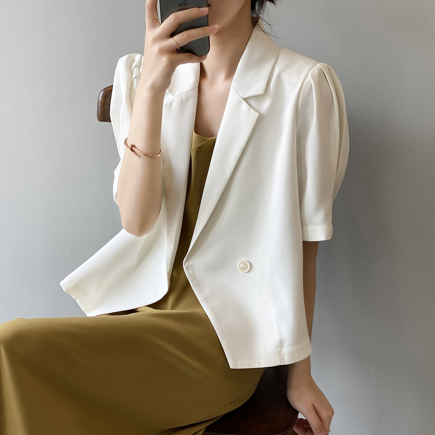 Actual shot~Short-sleeved suit for women 2024 spring new Korean style loose and slim one-button short coat