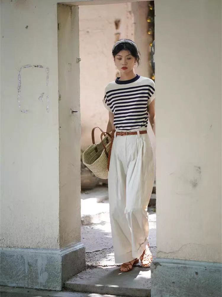 港味藍白條紋冰絲針織衫女夏季薄款短袖正肩t恤高級感海魂衫上衣