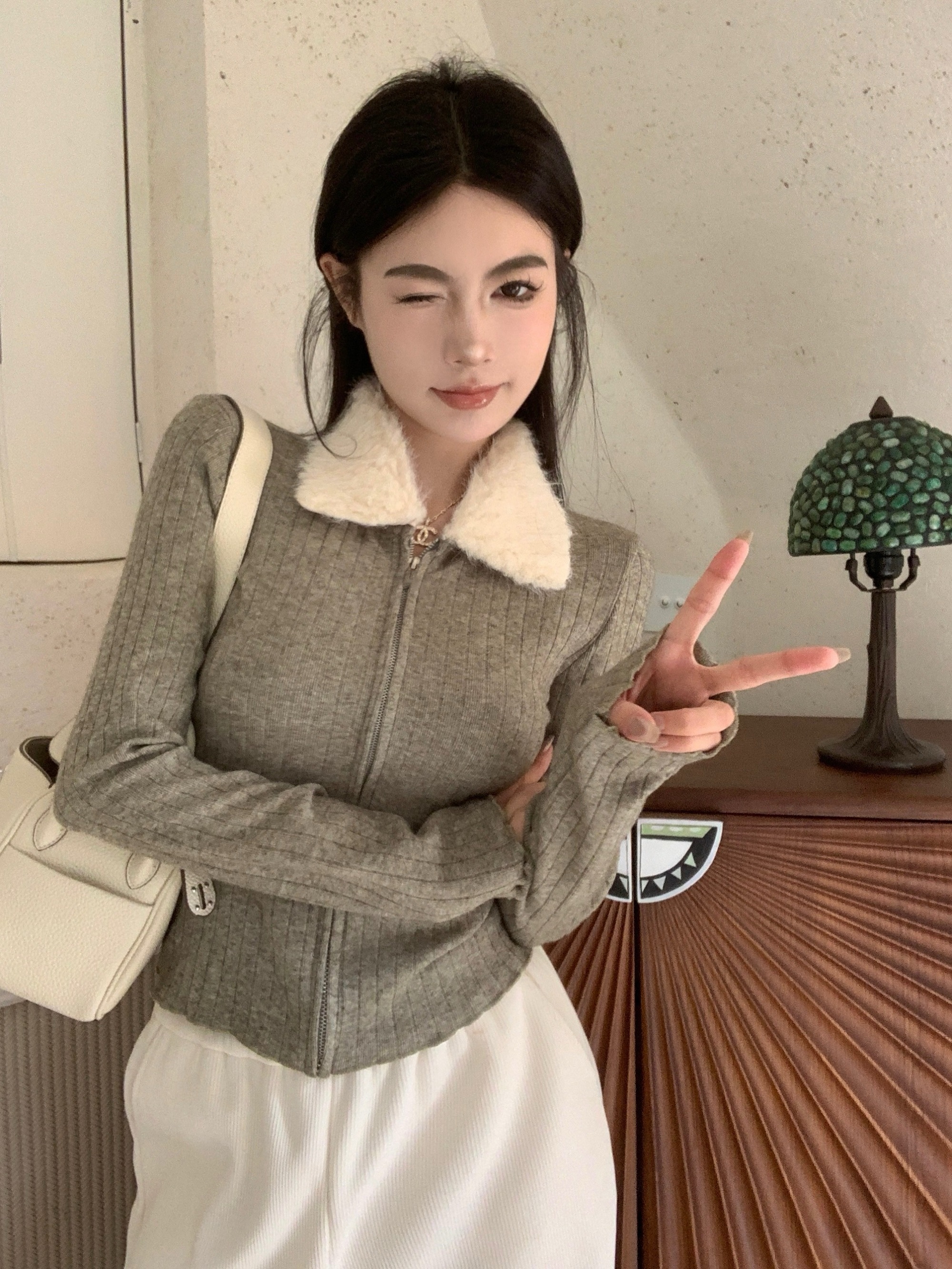 實拍 秋冬拼接毛領拉鏈針織開衫修身顯瘦打底上衣