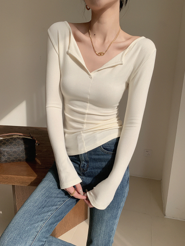 JWUNIQUE white thin long-sleeved T-shirt for women spring 2024 new slim fit bottoming T-shirt top