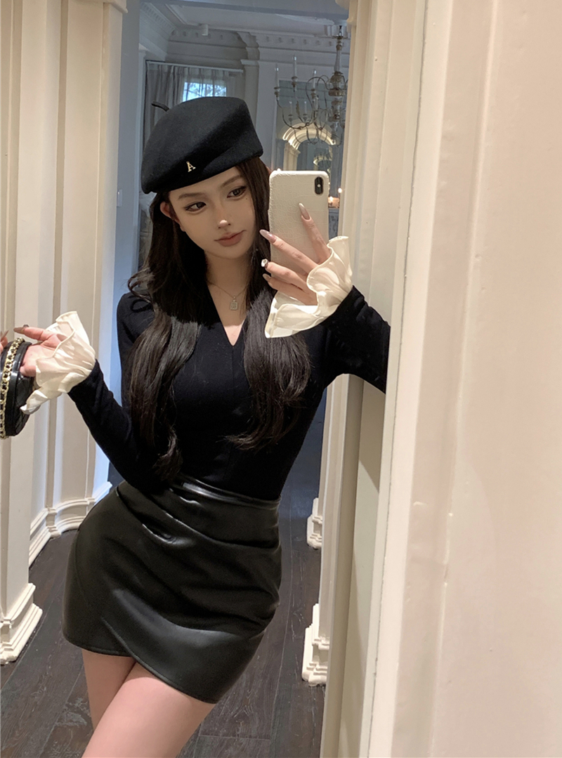 實拍春裝V領喇叭袖打底衫T恤+不規則高腰性感PU皮裙包臀裙褲女