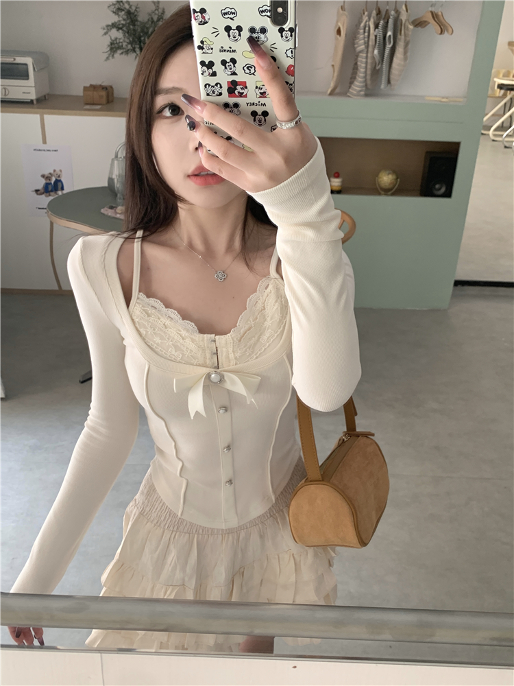 實拍~拼接蕾絲打底衫女秋冬蝴蝶結假兩件長袖上衣