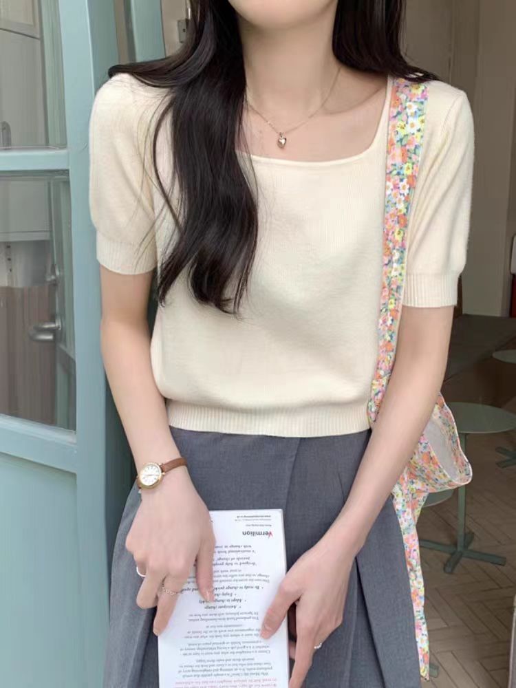 時尚針織衫短袖女新款秋季設計感小眾半袖方領t恤短款上衣女