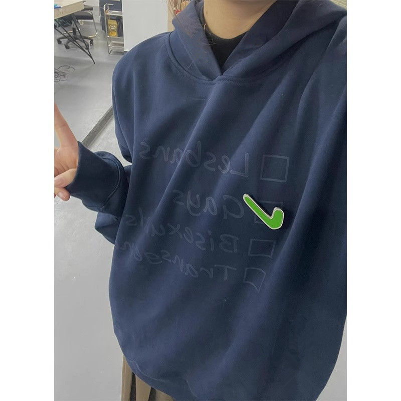 藏青色衛衣女2024新款國潮oversize美式復古打鈎別針連帽外套