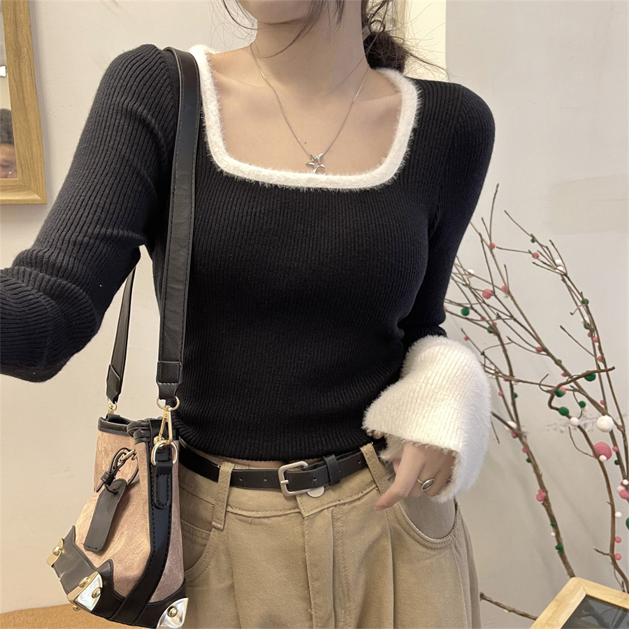 實拍仿貂絨長袖針織衫女春方領設計感泡泡袖顯瘦打底衫