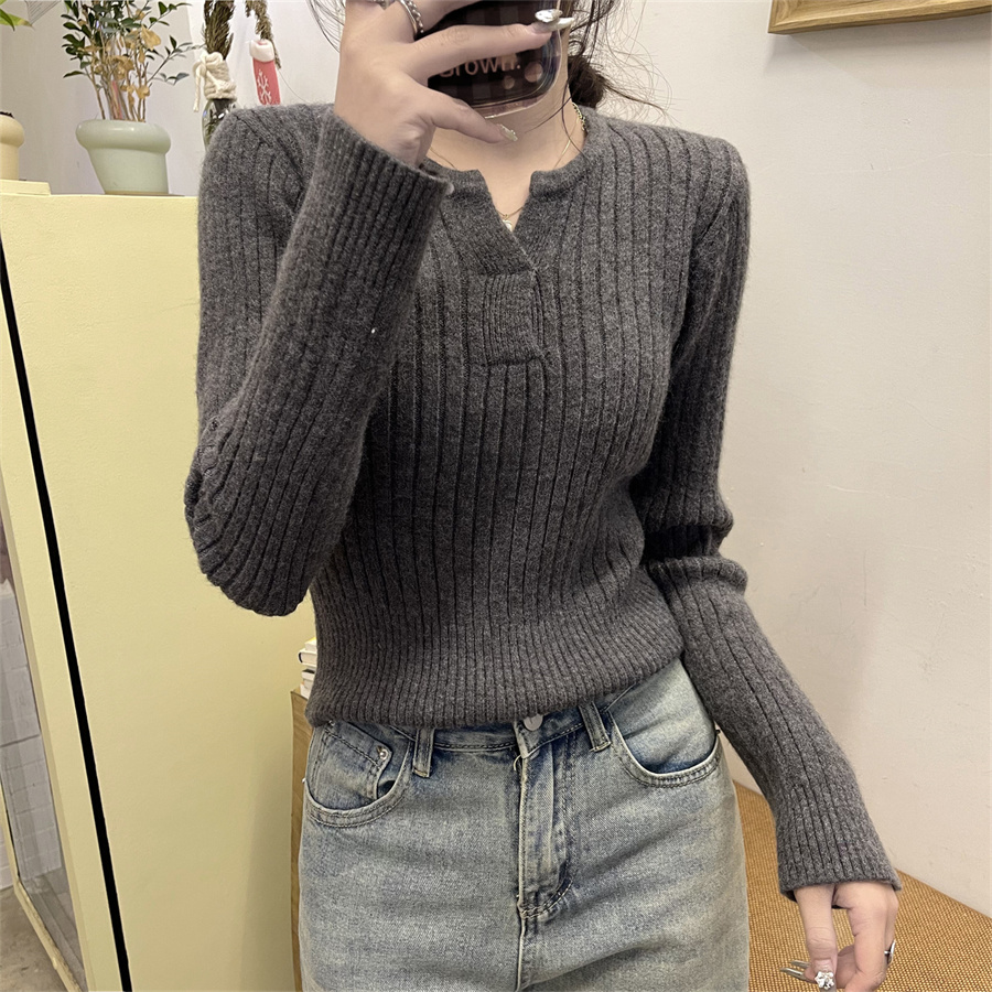 Real shot of retro spring all-match small sweater short high waist sweater women's pullover bottoming shirt