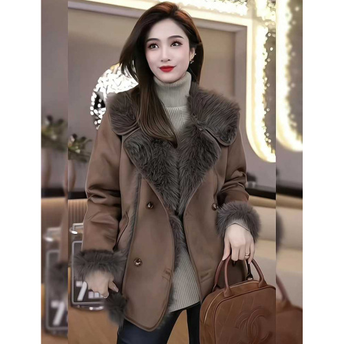 Quality Inspection Official Picture Large Lapel Double-breasted Jacket Women's Winter Style Western-style One-piece Furry Temperament Light Luxury Fashion Coat
