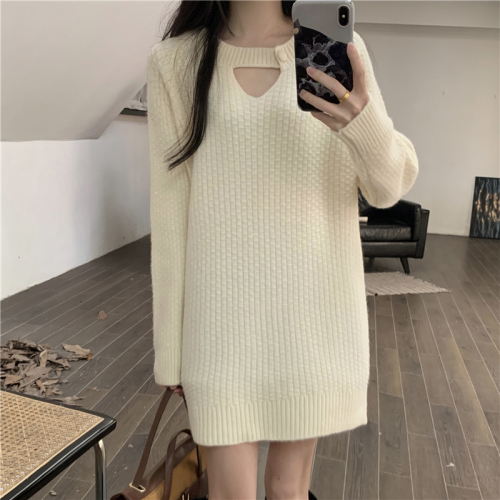 Real shot of new autumn and winter design loose mid-length knitted sweater for outer wear