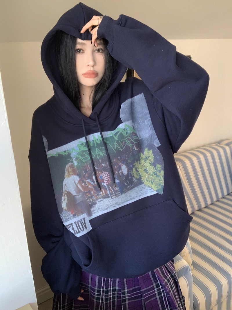 實拍 寬鬆休閒美式印花長袖連帽加絨衛衣+高腰格子百褶裙