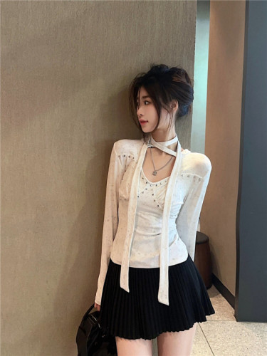 Actual shot~Spring style~American hot girl design hollow long-sleeved T-shirt slimming halter neck top