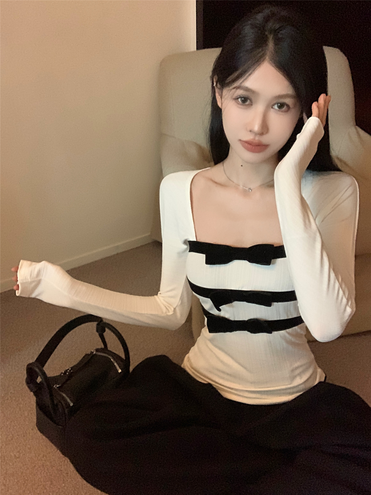 Actual shot ~ Heartbeat signal Slim-fitting sweet style bow-knot patchwork bottoming shirt