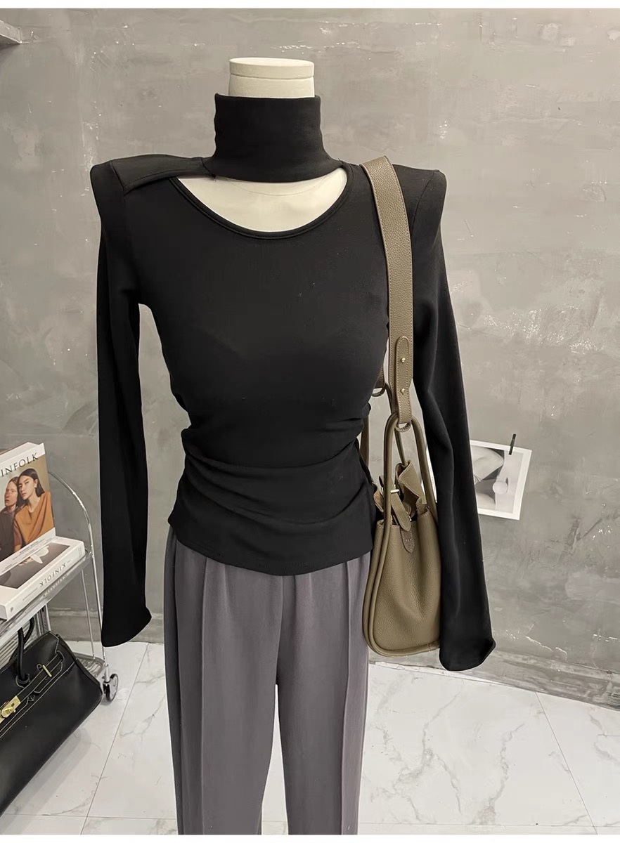 Niche design sense ~ high collar hollow velvet bottoming shirt women's tight long-sleeved T-shirt spring and autumn inner top 2024