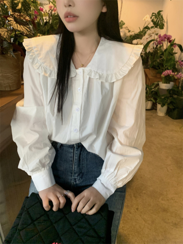 Actual shot of white long-sleeved shirt with doll collar for women, retro design niche ruffled versatile top