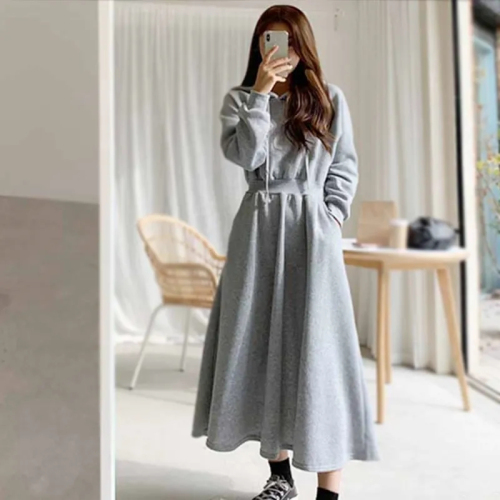 Sweatshirt dress plus size spring and autumn sweatshirt dress women's long slimming high-waisted hooded dress casual skirt