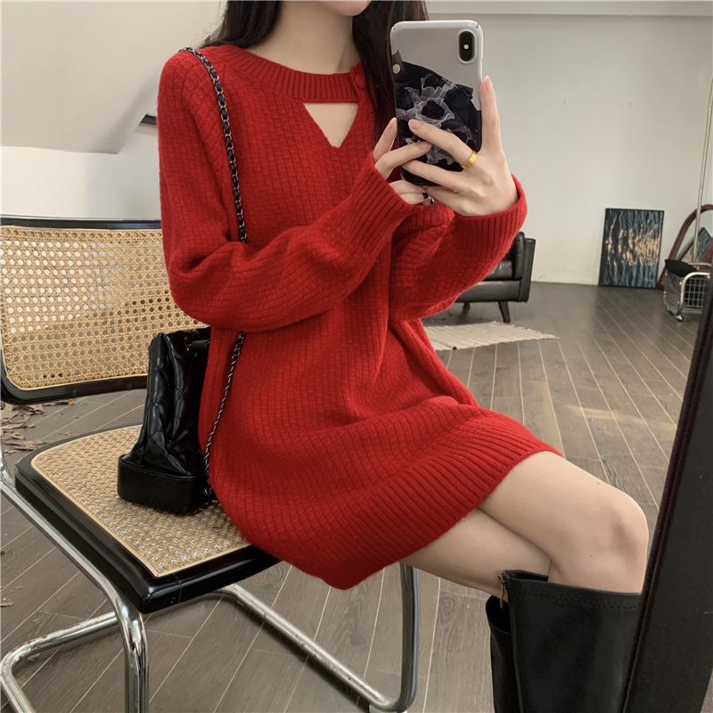 Actual shot of new autumn and winter design loose outer mid-length knitted sweater for women