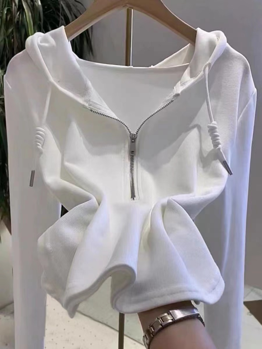 春秋季新款連帽長袖t恤女顯瘦百搭粉色洋氣上衣打底衫