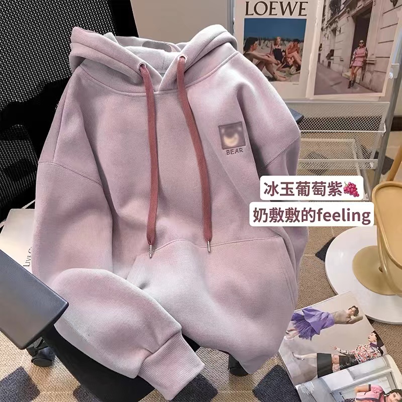 小C家刺繡加絨連帽衛衣女秋冬新款卡通可愛減齡長袖上衣外套