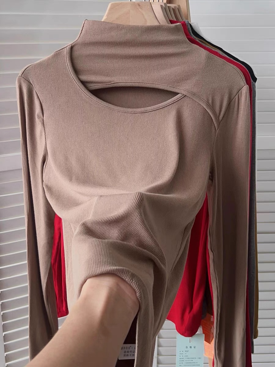 European design hollow half-high collar long-sleeved T-shirt women's autumn and winter new style inner layer with fashionable bottoming shirt
