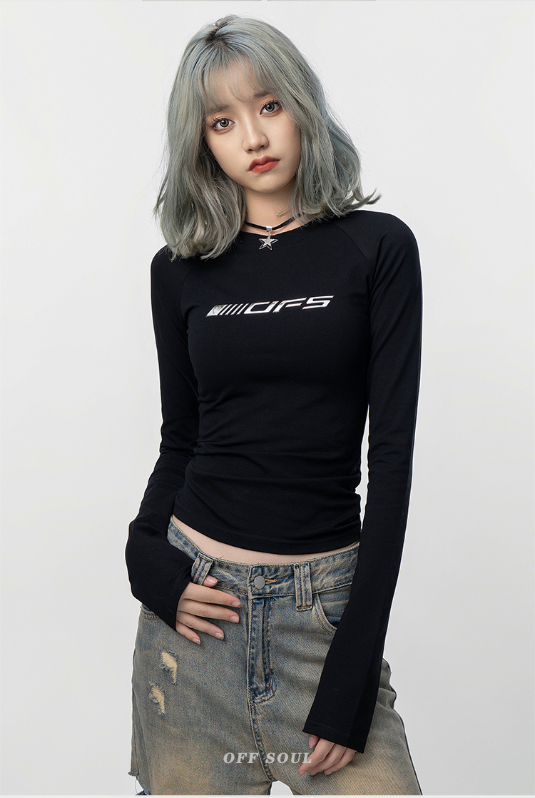OFFSOUL homemade OFS liquid metal silver hottie slim long-sleeved T-shirt women's spring and autumn jazz sweet and cool top trendy