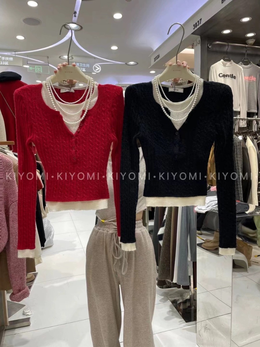 KIYOMI冬季新品拼色假兩件純欲圓領自帶墊肩麻花針織衫毛衣氣質