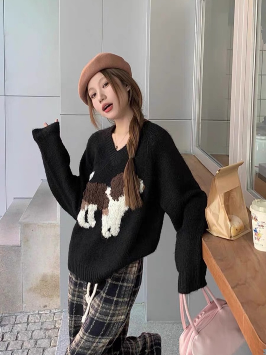 綿羊絨#慵懶風V領套頭毛衣女秋冬復古軟糯寬鬆減齡長袖針織上衣